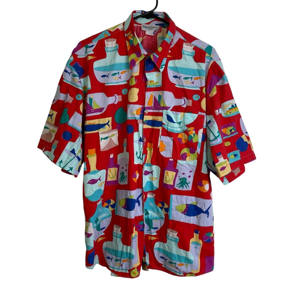 Bullock & Jones Shirt Mens 2XL Red Short Sleeve Button Up Hawaiian Nautical Fish